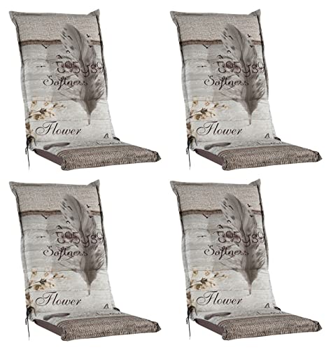 Gartenstuhlauflagen Hochlehner 4er Set - 120 x 50 cm - Beige - Federmotiv - Baumwolle - Sesselauflage Sitzpolster Stuhlauflage von Home4You