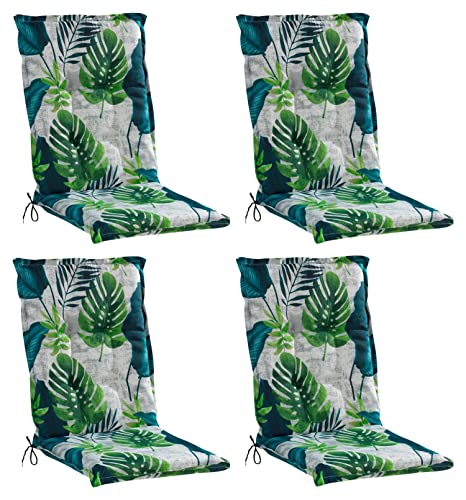 Gartenstuhlauflagen Hochlehner 4er Set - 120 x 50 cm - Blau - Grau - Grün - Baumwolle - Polyester - Blattmotiv - Sesselauflage Sitzpolster Stuhlauflage von Home4You