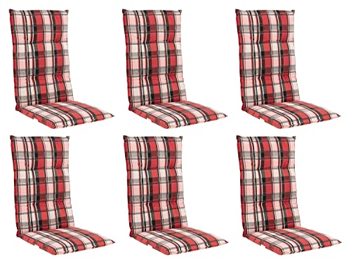 Gartenstuhlauflagen Hochlehner 6er Set - 119 x 48 cm - Rot - Kariert - Baumwolle - Polyester - Sesselauflage Sitzpolster Stuhlauflage von Home4You