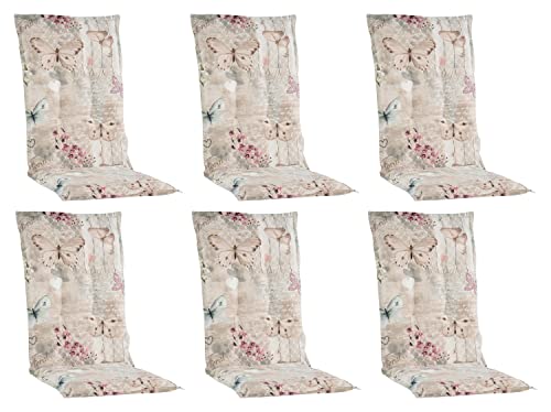 Gartenstuhlauflagen Hochlehner 6er Set - 120 x 50 cm - Beige - Baumwolle - Polyester - Schmetterlingsmotiv - Sesselauflage Sitzpolster Stuhlauflage von Home4You