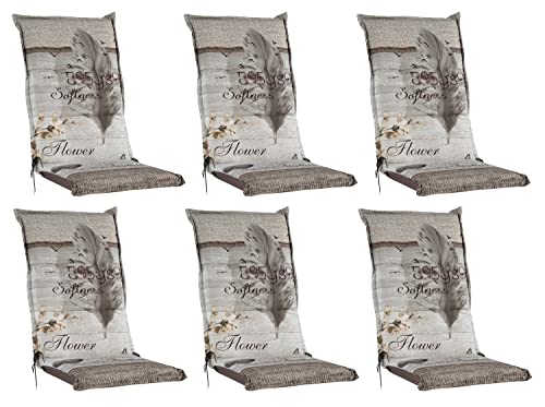 Gartenstuhlauflagen Hochlehner 6er Set - 120 x 50 cm - Beige - Federmotiv - Baumwolle - Sesselauflage Sitzpolster Stuhlauflage von Home4You