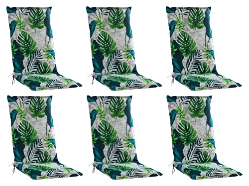 Gartenstuhlauflagen Hochlehner 6er Set - 120 x 50 cm - Blau - Grau - Grün - Baumwolle - Polyester - Blattmotiv - Sesselauflage Sitzpolster Stuhlauflage von Home4You