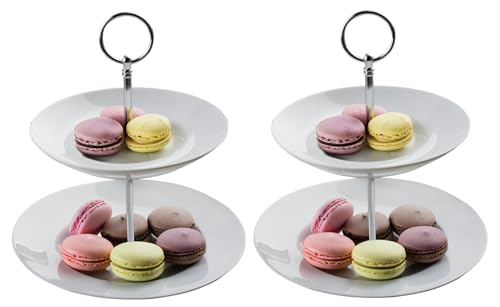 Home4You 2 Etageren mit je 2 Etagen und und je einem Tragegriff - Weiß - Porzellan - Metall - Ø 21 x H 23 cm - Servierplatte Servierständer Servierset - 2er Set von Home4You