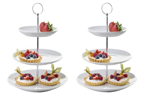 Home4You 2 Etageren mit je 3 Etagen und je einem Tragegriff - Weiß - Porzellan - Metall - Ø 26,5 x H 37 cm - Servierplatte Servierständer Servierset - 2er Set von Home4You