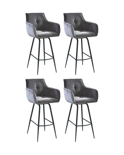 Home4You 4 Barhocker mit Armlehnen und Rückenlehne - 360 Grad drehbar - Samt - Metallgestell - Grau - Schwarz - Barstuhl Tresenhocker Küchenhocker von Home4You