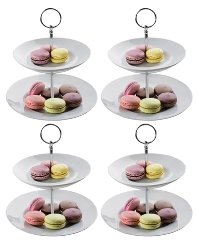 Home4You 4 Etageren mit je 2 Etagen und und je einem Tragegriff - Weiß - Porzellan - Metall - Ø 21 x H 23 cm - Servierplatte Servierständer Servierset - 4er Set von Home4You