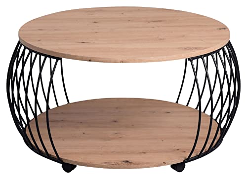 Home4You Couchtisch - Schwarz - Artisan Eiche Dekor - Metall - Ø 80 cm - mit Rollen von Home4You