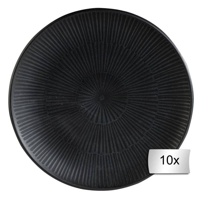 Home4You Dessertteller 10er Set, Schwarz, Ø 23 cm, Steingut, mit linienförmiger Reliefprägung von Home4You