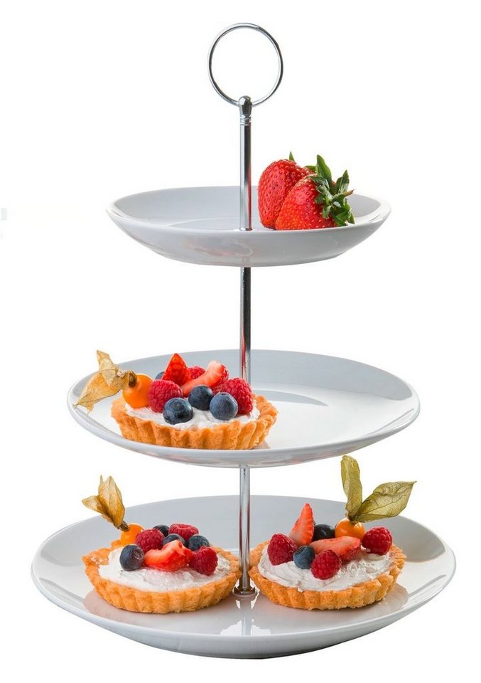 Home4You Etagere Servier-Ständer, Höhe 37 cm, 3 Etagen, weiß, Porzellan, (1-tlg), Ø 26 cm, für Obst, Süßigkeiten, Kuchen, Desserts von Home4You