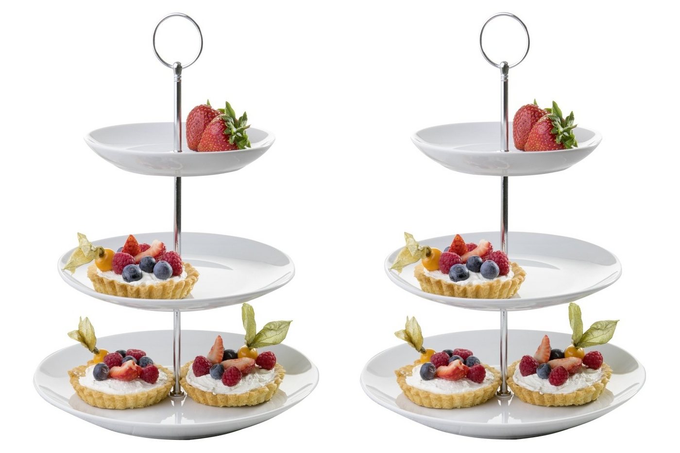 Home4You Etagere Servier-Ständer, 2er Set, H 37 cm, Weiß, 3 Etagen, Porzellan, Ø 26 cm, für Obst, Süßigkeiten, Kuchen, Desserts von Home4You