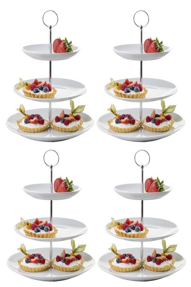 Home4You Etagere Servier-Ständer, 4er Set, H 37 cm, Weiß, 3 Etagen, Porzellan, Ø 26 cm, für Obst, Süßigkeiten, Kuchen, Desserts von Home4You