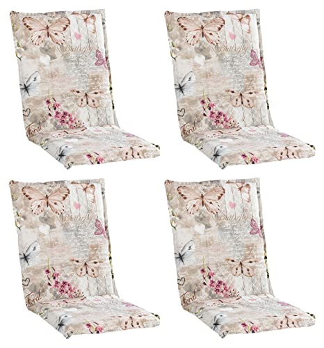 Home4You Gartenstuhlauflagen Mittellehner 4er Set - 110 x 50 cm - Beige - Baumwolle - Polyester - Schmetterlingsmotiv - Sesselauflage Sitzpolster Stuhlauflage von Home4You