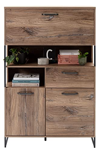 Home4You Highboard - Flagstaff Eiche Dekor - Schwarz - Metall - B 95 cm - 2 Türen - 1 Klappe - 1 Schublade von Home4You