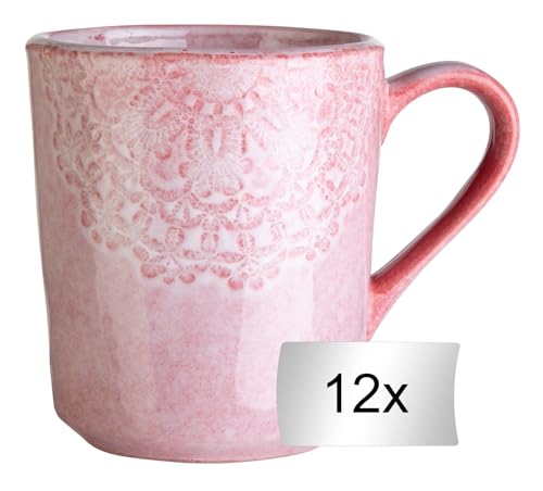 Home4You Kaffeetassen 12er Set - Steingut - Rosa - 355 ml - glasiert - mit floraler Prägung - Kaffeebecher Teetassen von Home4You