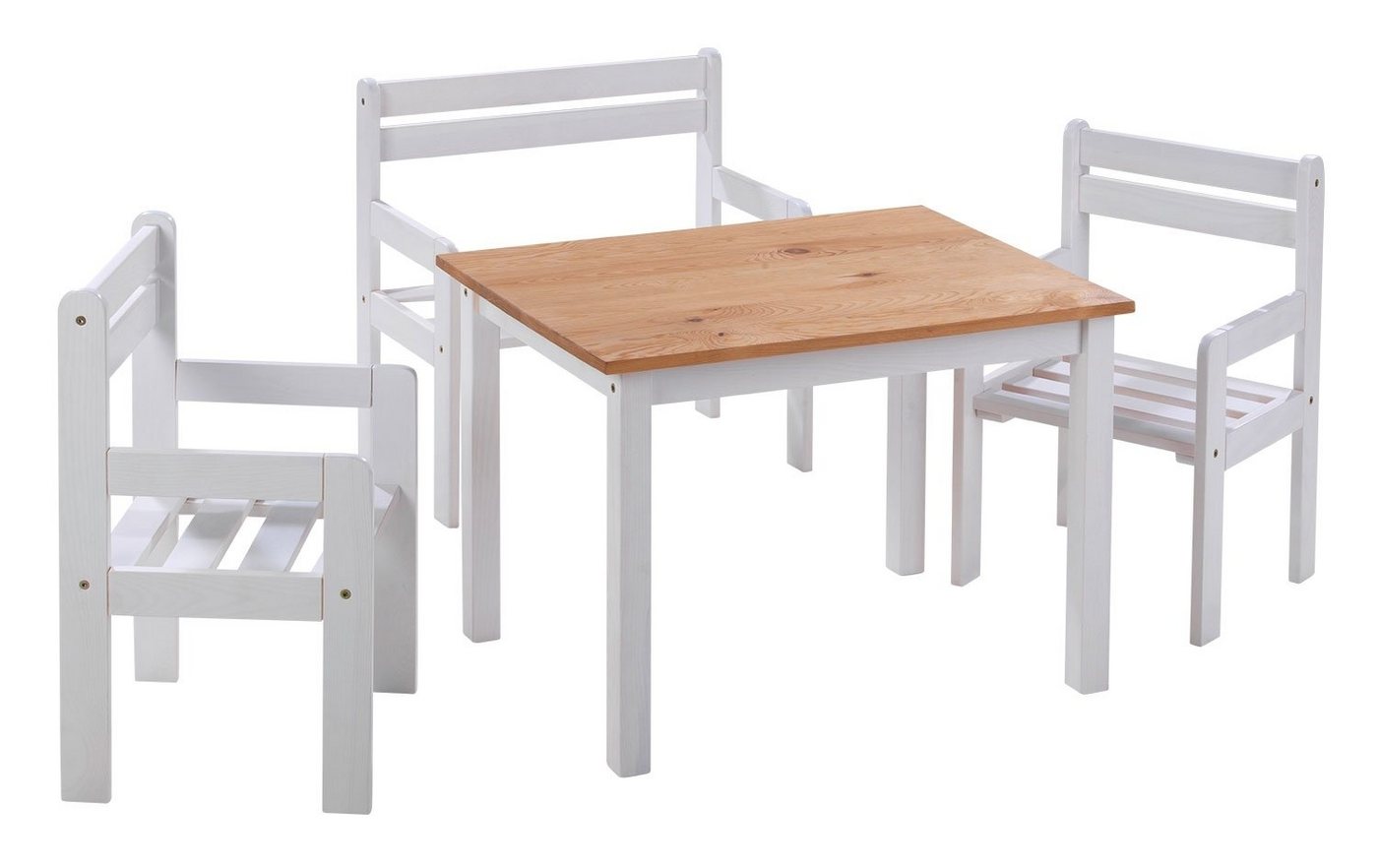Home4You Kindersitzgruppe, Kiefernholz massiv, (4-tlg), mit 1 Tisch, 1 Sitzbank und 2 Stühlen von Home4You