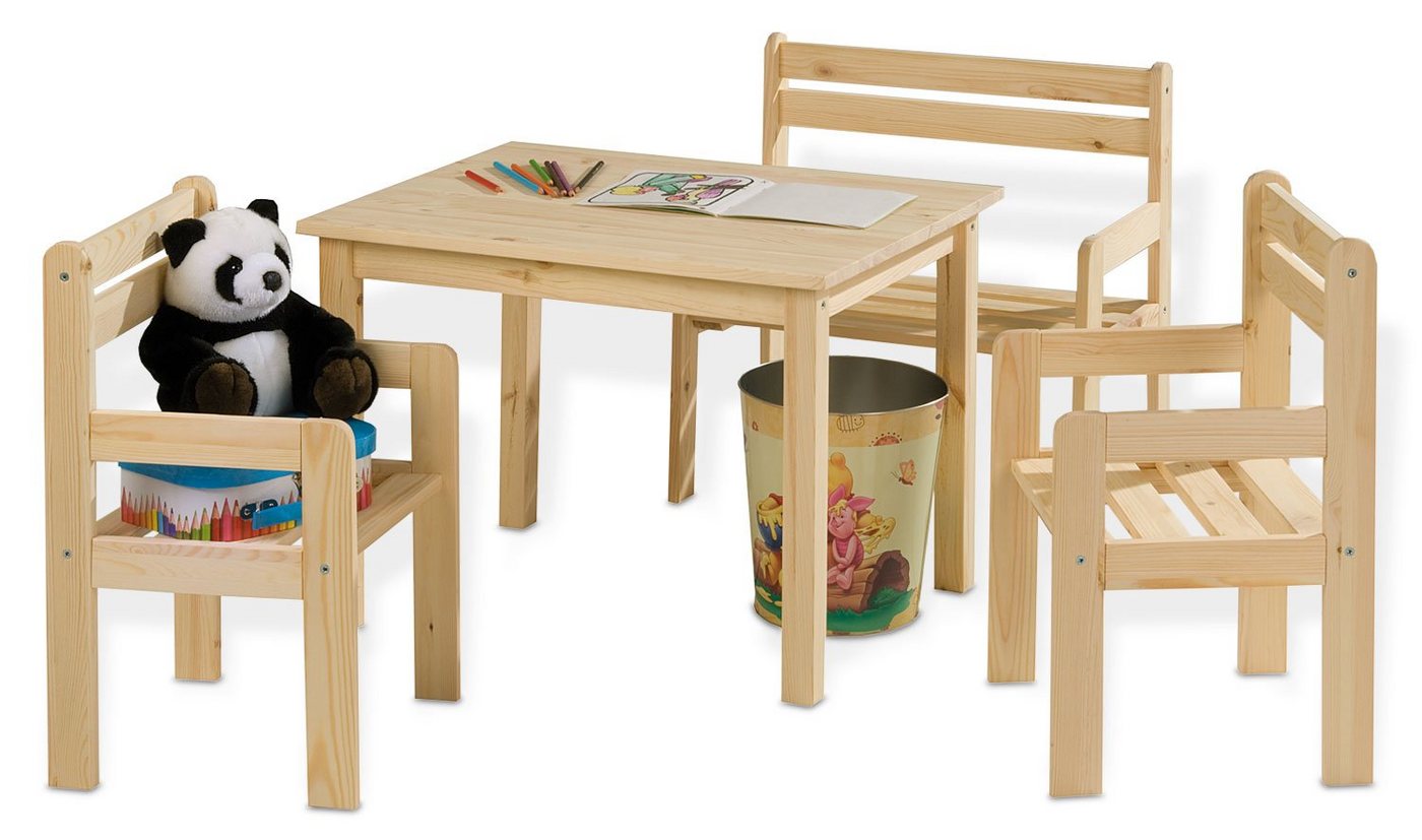 Home4You Kindersitzgruppe 4-teilig, Kiefer, Braun, 1 Tisch, 1 Bank mit Armlehnen, 2 Stühle mit Armlehnen von Home4You