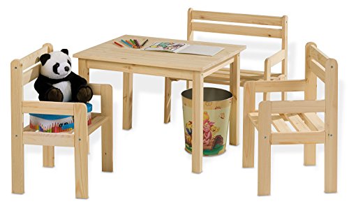 Home4You Kindersitzgruppe 4-teilig - mit Kindertisch, Sitzbank & 2 Stühlen - Braun - Kiefernholz Massiv - Sitzgruppe Kindertischgruppe Holzsitzgruppe von Home4You