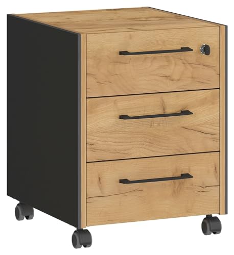 Home4You Rollcontainer - Graphit Dekor - Navarra Eiche Dekor - 42 x 54 cm - mit 3 Schubladen von Home4You