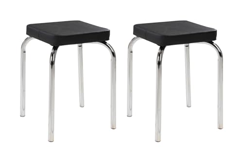 Home4You Sitzhocker 2er Set - Stapelbar - Belastbar bis 90 kg - 36x47x36 cm - Schwarz - Chromfarben - Metall - Kunstleder - Metallhocker Stapelhocker Küchenhocker von Home4You