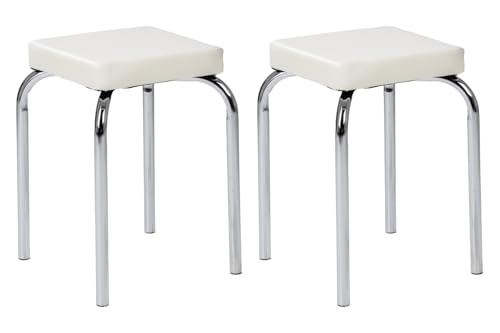 Home4You Sitzhocker - 2er Set - Stapelbar - Belastbar bis 90 kg - 36x47x36 cm - Weiß - Chromfarben - Metall - Kunstleder - Metallhocker Stapelhocker Küchenhocker Home4You Sitzhocker - 2er Set - Stapelbar - Belastbar bis 90 kg - 36x47x36 cm - Weiß - Chromfarben - Metall - Kunstleder - Metallhocker Stapelhocker Küchenhocker von Home4You