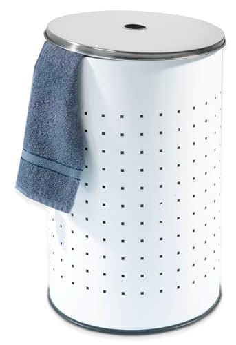 Home4You Wäschekorb mit Deckel und Luftlöchern - Edelstahl - Weiß - 37 L - Ø 29 cm - 54 cm hoch - Wäschetonne Wäschesammler Wäschebox Wäschetruhe von Home4You