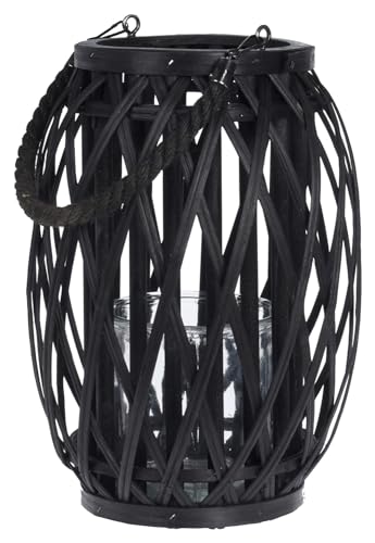 Home4You Windlicht - Schwarz - Rattan - 23 x 30 cm - mit Seilgriff und Kerzenhalterglas von Home4You