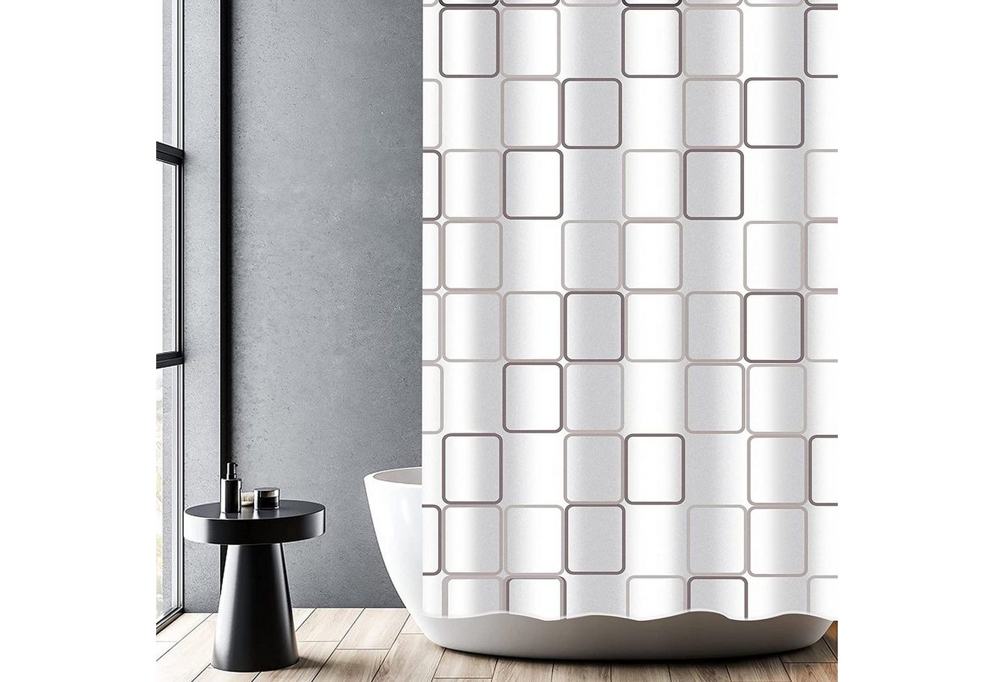 HomeBella Duschvorhang Geometrie Motiv Textil Antischimmel Schimmelresistent Wasserdicht (Anti-Bakteriell Wasserabweisend Stoff Polyester mit Gewicht), Waschbar für Dusche Badewanne, mit Duschvorhangringen von HomeBella