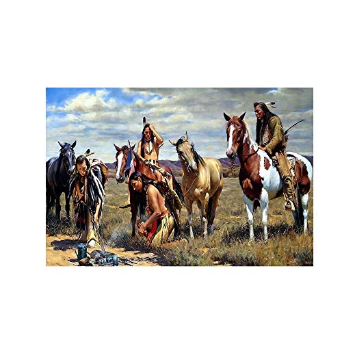 Leinwandbild, Motiv: Indianer, für den Alltag, Motiv: Grasland-Pferd, Wandbild, Kunstdrucke für Heimdekoration (50 x 70 cm (gerahmt) von HomeDC