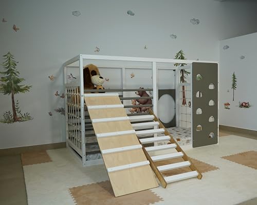 HOMEforDREAMS Turnbett für Kinder ab 4 Jahren: Montessori-inspiriertes 2-in-1-Bett in Grau und Weiß lackiert (Ladder + Step Boards, 190x90cm) von HOMEforDREAMS