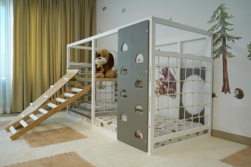 HOMEforDREAMS Turnbett für Kinder ab 4 Jahren: Montessori-inspiriertes 2-in-1-Bett in Grau und Weiß lackiert (Rock + Step Boards, 200x100cm) von HOMEforDREAMS