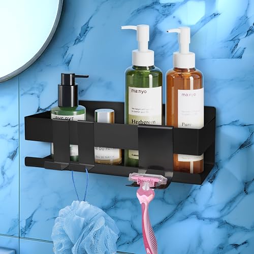 HomeGadget Duschablage ohne Bohren - [22 x 7.5 x 9cm] - Duschregal zum Kleben aus rostfreiem Edelstahl - Halterung inkl. 2X Haken & Rasiererhalter in Chrom Schwarz von HomeGadget