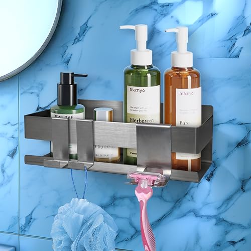 HomeGadget Duschablage ohne Bohren - [22 x 7.5 x 9cm] - Duschregal zum Kleben aus rostfreiem Edelstahl - Halterung inkl. 2X Haken & Rasiererhalter in Chrom Silber von HomeGadget