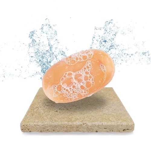 Moderne Travertin Seifenschale echter Naturstein/inkl. Antirutschfüße/auch als Glas-Untersetzer oder für Deko, Pflanzen, Raclette / 10x 10 cm (Hellbraun) von HomeHacker
