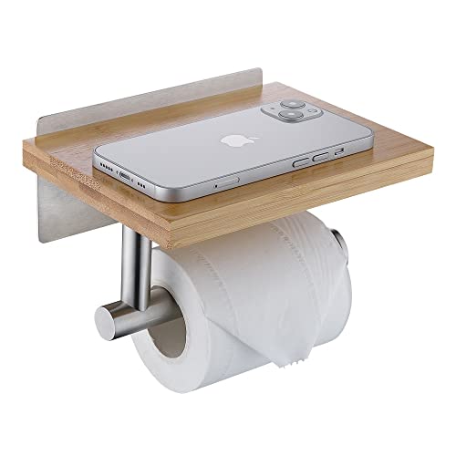 HomeHeng Toilettenpapierhalter mit Natürlichem Bambus Ablage Klopapierhalter Edelstahl Ohne Bohren Klorollenhalter Selbstklebend oder Wandmontage,Gebürsteter Nickel H98903BN von HomeHeng