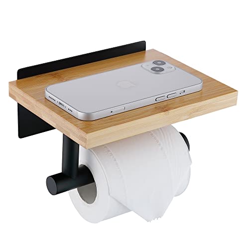 HomeHeng Toilettenpapierhalter mit Natürlichem Bambus Ablage Klopapierhalter Edelstahl Ohne Bohren Klorollenhalter Selbstklebend oder Wandmontage,Matt Schwarz H98903MB von HomeHeng