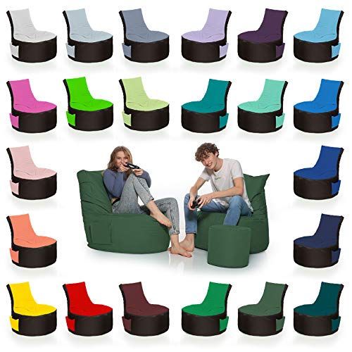 HomeIdeal - 2Farbiger Gamer Sitzsack Lounge für Erwachsene & Kinder - Indoor & Outdoor da er Wasserfest ist - mit EPS Perlen + Hocker, Farbe:Schwarz-Dunkelgrün, Größe:Erwachsene + 35x30 cm von HomeIdeal