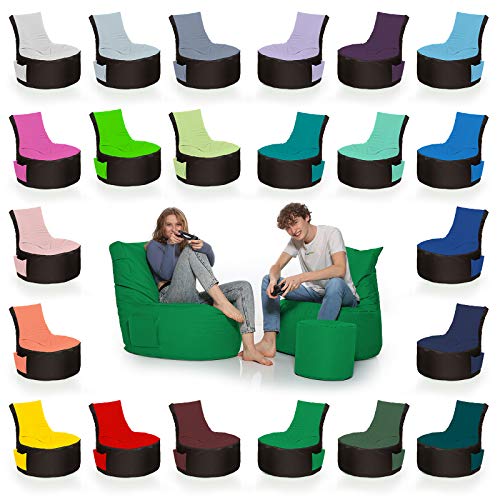 HomeIdeal - 2Farbiger Gamer Sitzsack Lounge für Erwachsene & Kinder - Indoor & Outdoor da er Wasserfest ist - mit EPS Perlen + Hocker, Farbe:Schwarz-Grün, Größe:Erwachsene + 35x30 cm von HomeIdeal