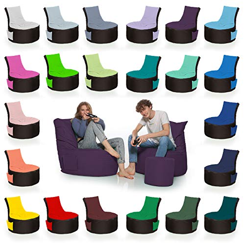 HomeIdeal - 2Farbiger Gamer Sitzsack Lounge für Erwachsene & Kinder - Indoor & Outdoor da er Wasserfest ist - mit EPS Perlen + Hocker, Farbe:Schwarz-Lila, Größe:Erwachsene + 35x30 cm von HomeIdeal