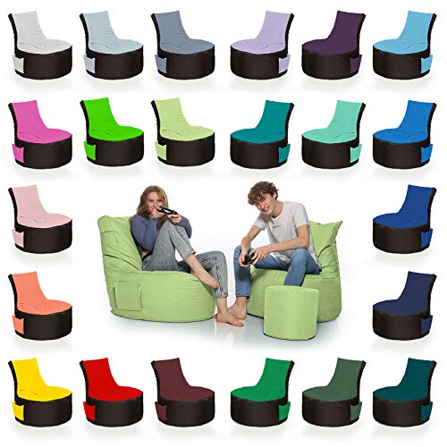 HomeIdeal - 2Farbiger Gamer Sitzsack Lounge für Erwachsene & Kinder - Indoor & Outdoor da er Wasserfest ist - mit EPS Perlen + Hocker, Farbe:Schwarz-Limettengrün, Größe:Erwachsene + 35x30 cm von HomeIdeal