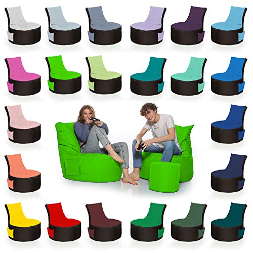 HomeIdeal - 2Farbiger Gamer Sitzsack Lounge für Erwachsene & Kinder - Indoor & Outdoor da er Wasserfest ist - mit EPS Perlen + Hocker, Farbe:Schwarz-Neongrün, Größe:Erwachsene + 35x30 cm von HomeIdeal