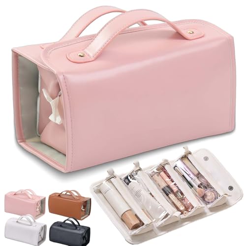 HomeJoySet Rosafarbene, wasserdichte Kosmetiktasche Aus Leder – Abnehmbarer 4-in-1-Kulturbeutel Aus PU Mit Fächern, Großes Fassungsvermögen for Unterwegs(Pink) von HomeJoySet