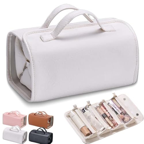 HomeJoySet Rosafarbene, wasserdichte Kosmetiktasche Aus Leder – Abnehmbarer 4-in-1-Kulturbeutel Aus PU Mit Fächern, Großes Fassungsvermögen for Unterwegs(White) von HomeJoySet