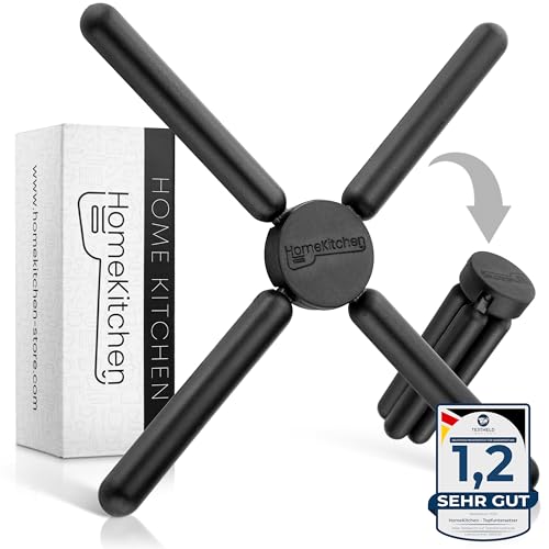 HomeKitchen® Topfuntersetzer hitzebeständig aus Silikon, Faltbarer Untersetzer für Töpfe und Pfannen, Silikon Untersetzer Topf klappbar in Schwarz + Leckere Gratis Rezepte von HomeKitchen