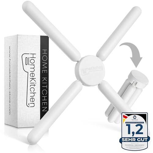 HomeKitchen® Topfuntersetzer hitzebeständig aus Silikon, Faltbarer Untersetzer für Töpfe und Pfannen, Silikon Untersetzer Topf klappbar in Weiß + Leckere Gratis Rezepte von HomeKitchen