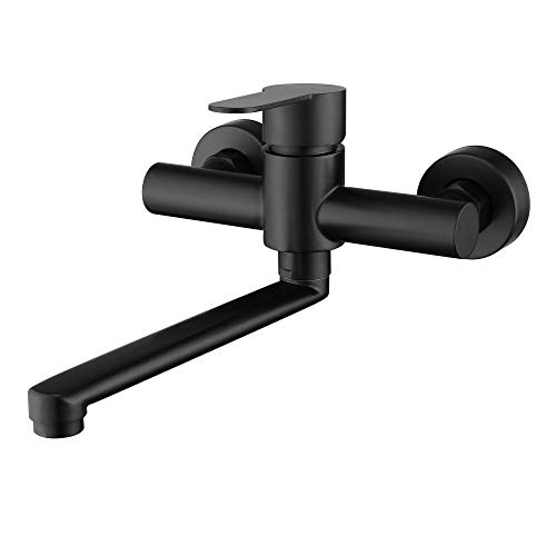 HomeLava 360° Drehbar Wasserhahn Küche Wandmontage, Edelstahl gebürstet Küchenarmatur Wandarmatur Kalt und Heiß Einhebelmischer Auslauf 225mm, Schwarz von HomeLava
