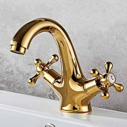 HomeLava Antik Messing Wasserhahn Waschtischarmatur Waschbeckenarmatur Zweigriff Mischbatterie Armatur Bad für Badarmatur Waschbecken mit Kreuzgriff Gold [Upgraded Version] von HomeLava