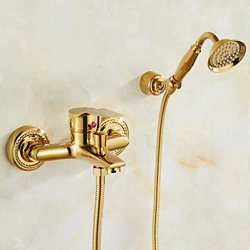 HomeLava Badewannenarmatur Golden Badewanne Wasserhahn Alle Kupfer Wand Dusche Heiße Und Kalte mit Handbrause Moderner Stil Einhand-Wannenbatterie für Badewannen von HomeLava