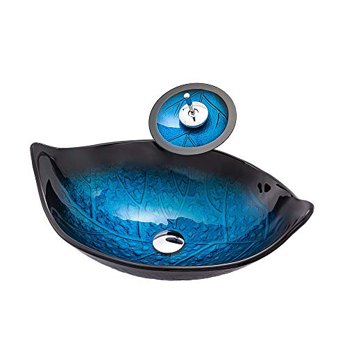 HomeLava Design Glas Waschbecken Set Blatt Form aus Gehärtetes Glas Aufsatzbecken Aufsatzwaschbecken Waschschale mit Wasserfall Wasserhahn Mittelmeer Serie inkl. Ablaufgarnitur 58.5 x 37.5 cm von HomeLava