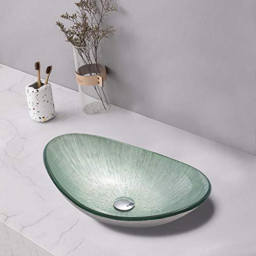 HomeLava Design Waschbecken Klein Hängewaschbecken Aufsatzwaschbecken Waschtisch aus Gehärtetes Glas Oval mit Ablaufgarnitur für Gäste WC Bad 42 cm (ohne Wasserhahn) von HomeLava