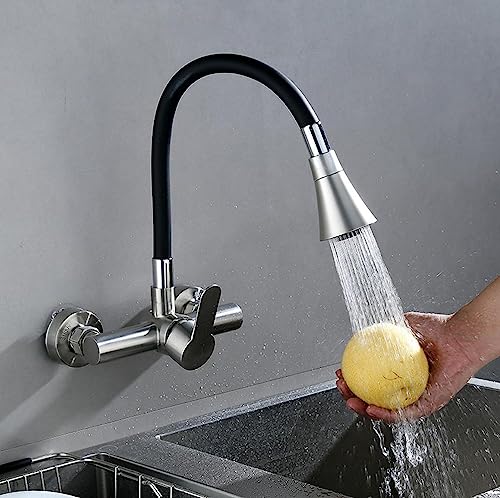 HomeLava Flexibler Wasserhahn Küche Wandmontage, 360° Drehbar Spültischarmatur mit 2 Strahlarten Küchenarmatur Wandarmatur aus Edelstahl mit Verbrühungsschutz Silikonschlauch von HomeLava